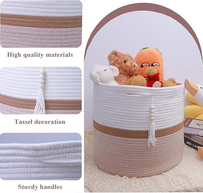 Cotton Rope Storage Bin,Natural Handmade Woven Hamper for Living Room,Blanket Basket for Clothes, Pillows, Towels (brown, 55L)