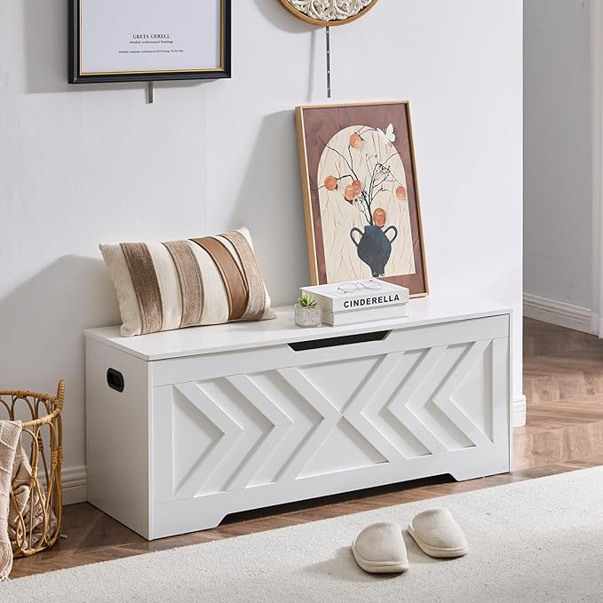 47.2” Storage Bench,Extra Large Wooden Storage Chest with 2 Safety Hinges,entryway Bench,Blanket Storage,Shoe Storage Bench for Entryway,Bedroom,Living Room,Easy Assembly. (White, 47.2x15.7x19)
