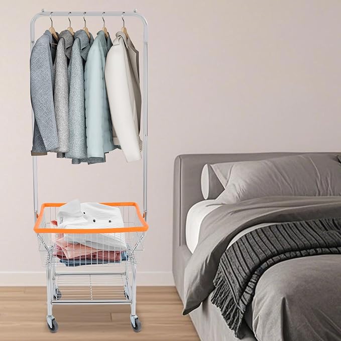 Laundry Cart,Steel Wire Laundry Cart,Laundry Basket With Wheels,Commercial Laundry Basket Cart Heavy Duty with Rod Rack 19.69x15.75x70.87in (G)