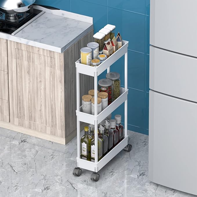 Sooyee 3 Tier Rolling Cart with Wheels,Slim Storage Cart,Under Desk Narrow Rolling Utility Cart Storage Organizer for Office Bathroom Kitchen Laundry Room Narrow Places, White