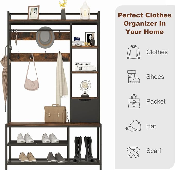 Hall Tree with Storage Bench, Coat Rack Freestanding, Entryway Bench with Storage, Coat Rack with Shoe Storage, 5-In-1 Hall Tree with 12 Hooks for Entryway, Hallway