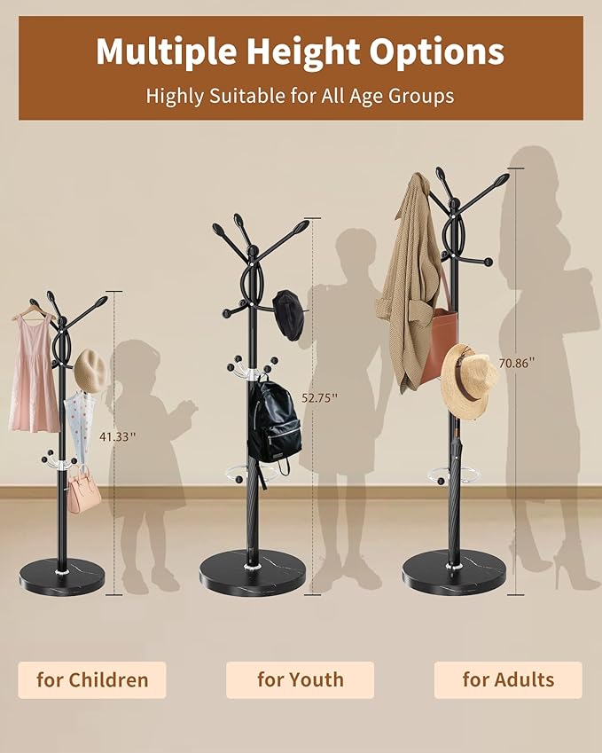 Metal Coat Rack with Natural Marble Base, Coat Rack Stand with 12 Hooks & Umbrella Holder, Black Modern Freestanging Coat Racks, Coat Jacket Hanger Tree Stand for Corner Entryway Office