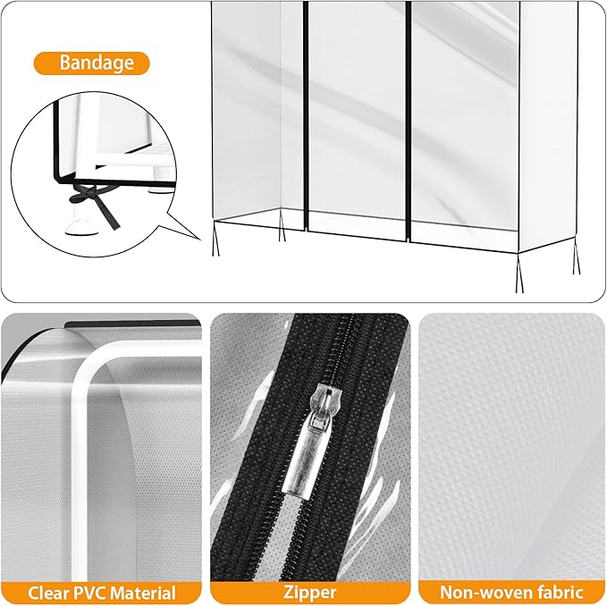 Kntiwiwo Clear Garment Rack Cover, Clothes Rack Cover Clothing Rack Cover with Durable Zippers for Garment Rack, Clothes Rack, White, 72"L x 20"W x 60"H (Rack Not Included)
