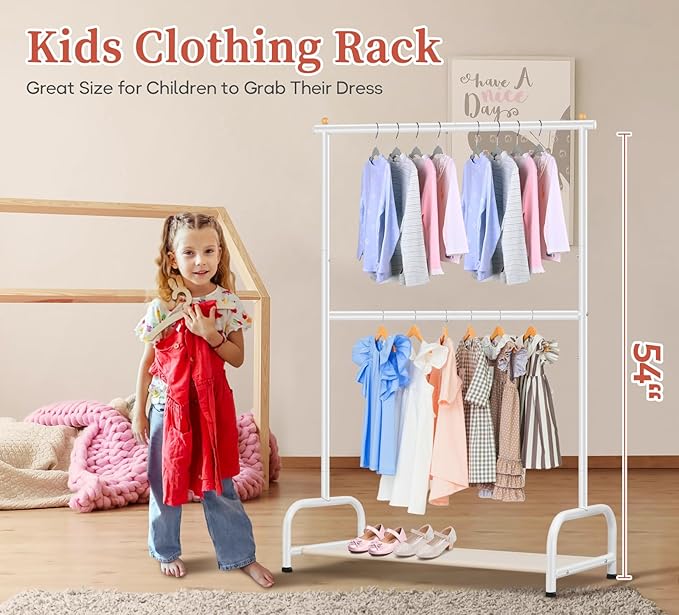 SLEEPING LAMB Double Rod Kids Clothes Rack, Small Toddler Clothing Rack with Bottom Storage Shelf for Baby Playroom Garment Rack, White