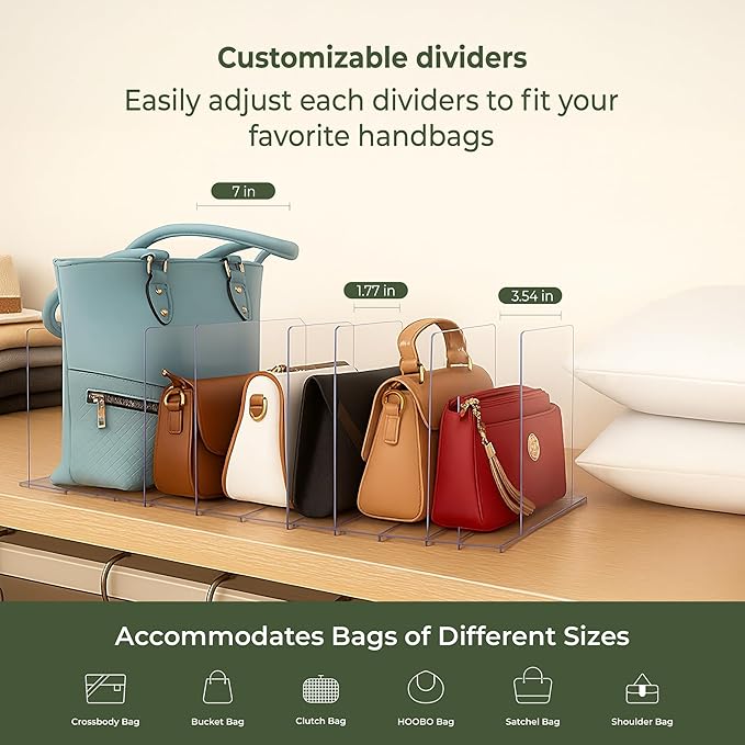 Acriloom Essentials Purse Organizer for Closet – Adjustable Bag Organizer with 2 Bases & 8 Dividers, Heavy-Duty Clear Design for Home & Personal Organization, Easy to Set Up and Maximize Closet Space
