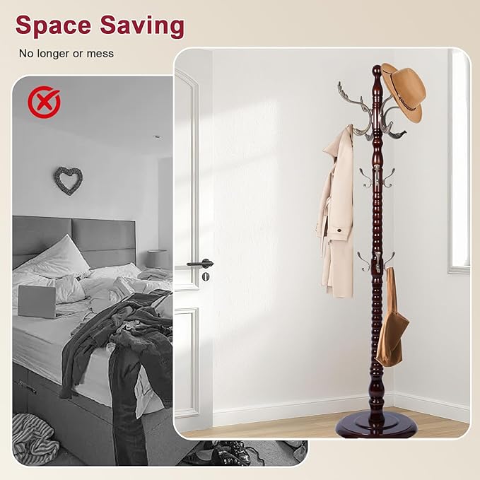 Wood Coat Rack Freestanding with 14 Hooks, 73 Inches Adjustable Height Coat Rack Stand, Vintage Hall Tree Coat Racks with Stable Round Base for Entryway, Bedroom (Reddish Brown-Metal Hook)