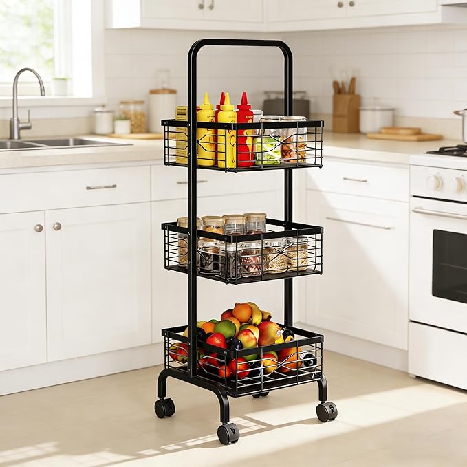 3 Tier Rolling Cart, Heavy Duty Metal Utility Cart with 4 Lockable Wheels & Handle, Multi-Purpose Storage Organizer for Kitchen, Bathroom, Laundry Room, Pantry, Office, Craft, Makeup (Black)