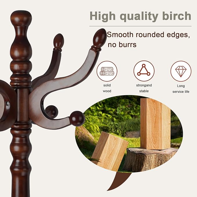Wooden coat rack stand, Heavy duty coat racks tree freestanding with 11 Hooks and Sturdy Round Base, Coat tree for jacket,Hats, Bags, Purses, clothes (Round base-Dark brown)