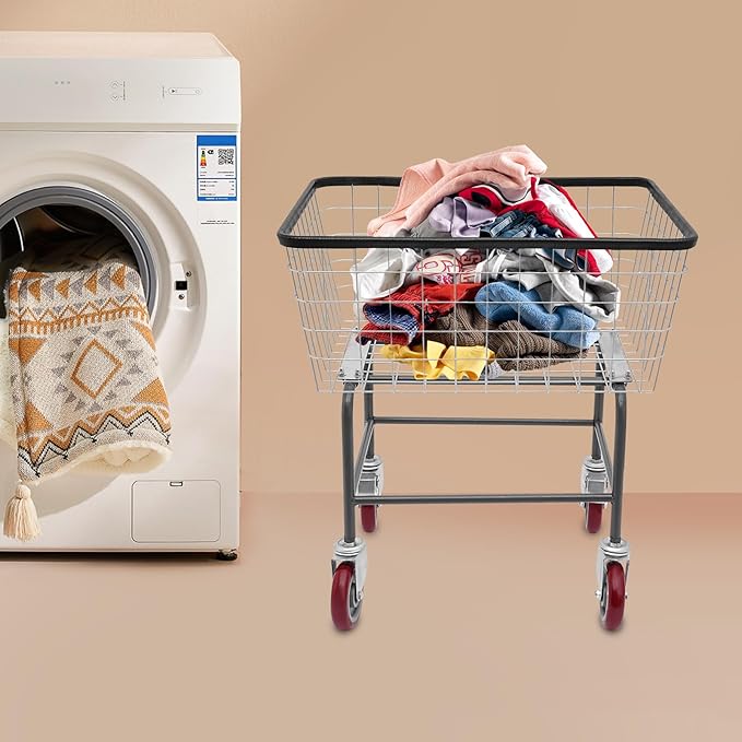 Steel Wire Laundry Cart with Wheels, Heavy-Duty Commercial Laundry Basket, 110 lbs Capacity Rolling Laundry Hamper for Home, Hotel, and Laundry Room