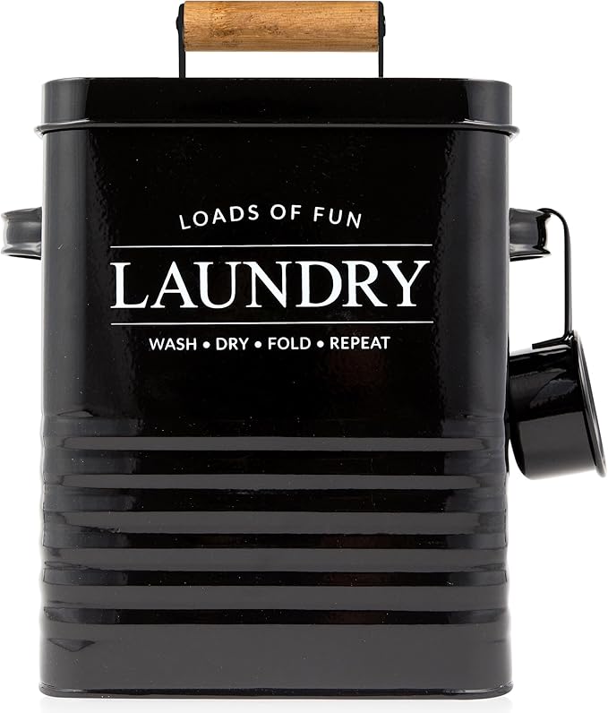 Calindiana Modern Farmhouse Metal Laundry Soap Dispenser Container Holder with Scoop for Laundry Room Decor and Space Saving Laundry Room Organization and Storage, Laundry Powder Container, Black