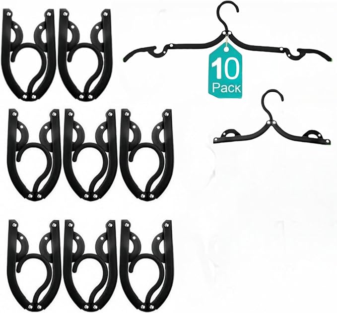 10Pcs Foldable Travel Hangers Space Saving Portable Folding Coat Hangers Travel Accessories Essentials for Traveling Camping Flying RV Cruises Suitcase Foldable Rack for Cruise Black