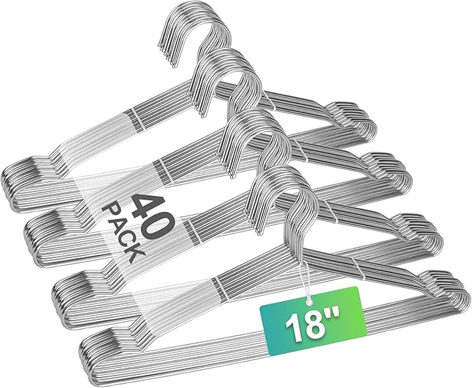 Metal Hangers Heavy Duty 18 Inch Clothes Hangers, Space Saving and Non-Slip Groove Stainless Steel 40 Pack Rustproof Clothes Hangers (11lb & 3.2mm), for Suits, Shirts, Pants, Dresses (Silver)