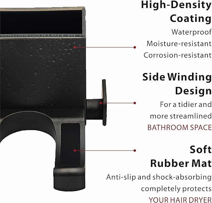 Hair Dryer Holder Wall Mounted with Self Adhesive, Mg-Al Alloy Blow Dryer Holder Compatible with Dyson Supersonic, Shark, Hair Dryer Organizer for Bathroom, Vanity, Bedroom (Black)