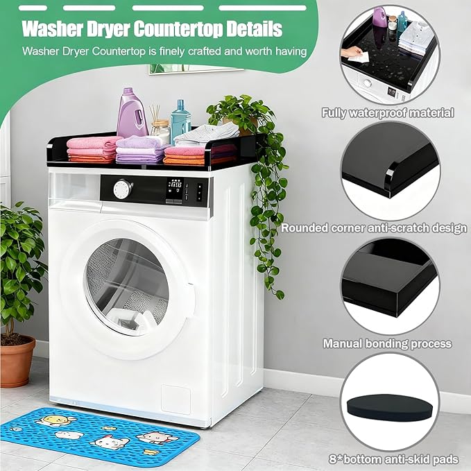 Laundry countertop Single Acrylic Single Laundry Countertop, 27.5″ W*27.5″ D*3.1″ H, Topper for Washer and Dryer with Non-Slip Mat for One Unit Only Washer or Dryer (Transparent)(Black)
