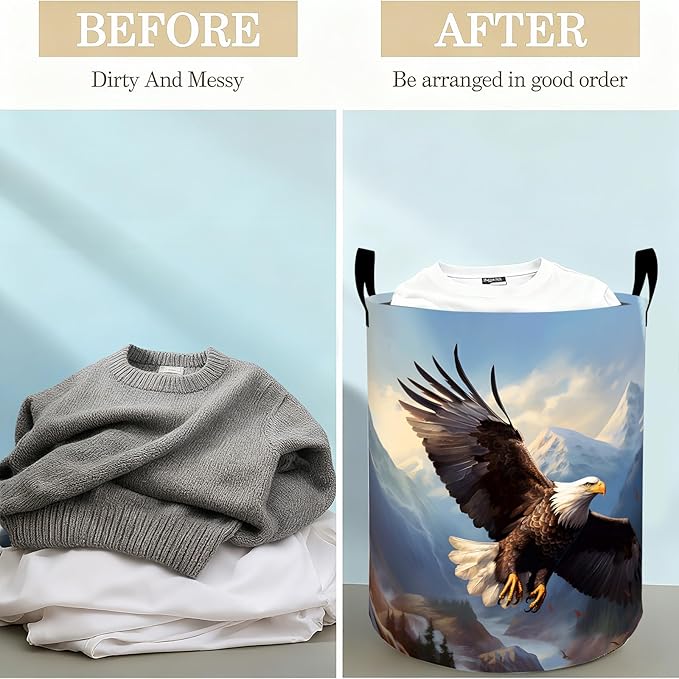 Flying Bald Eagle Laundry Basket Hamper for Boys Girls Kids Adults, Foldable Waterproof Oxford Clothes Storage Bin, Bird Organizer for Bedroom Bathroom Room Decor 19.7"x15.8"