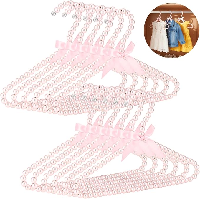 Pink 12 Pcs Pearl Beaded Clothes Hanger Mini Pearl Beads Small Metal Clothes Hangers with Ribbon Standard for Kids Baby Children Pet Dog