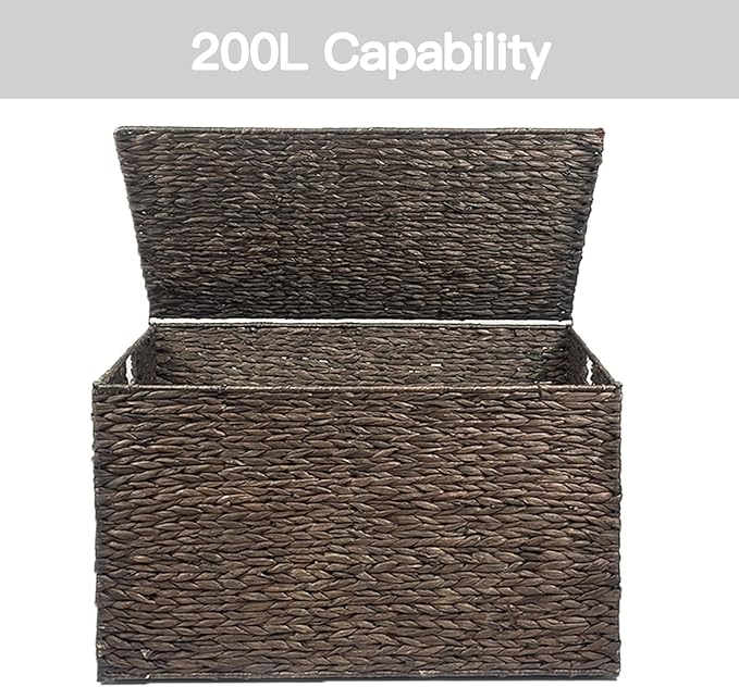 Water Hyacinth Storage Basket with Lid, 52.8 Gallon (200L) Wicker Storage Trunk with Handles, Handwoven Large Wicker Storage Basket for Blanket, Foldable, for Living Room, Bedroom, Brown