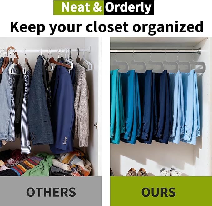 ManGotree Non Slip Velvet Pants Hangers, Open Ended Felt Jean Hangers for Closet Organizer, Heavy Duty Space Saving for Trousers, Slacks, Shorts, Dress, Scarf (20 Pack, Grey)
