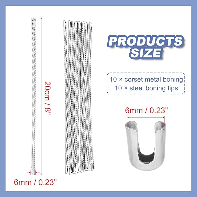 PATIKIL 10 Pcs 8 Inch 304 Stainless Steel Metal Steel Spiral Corset Boning, Metal Boning with 10pcs 6mm Boning Tips for Sewing Corset, Making Costume,Hoop Skirt, Collar (6mm Wide)