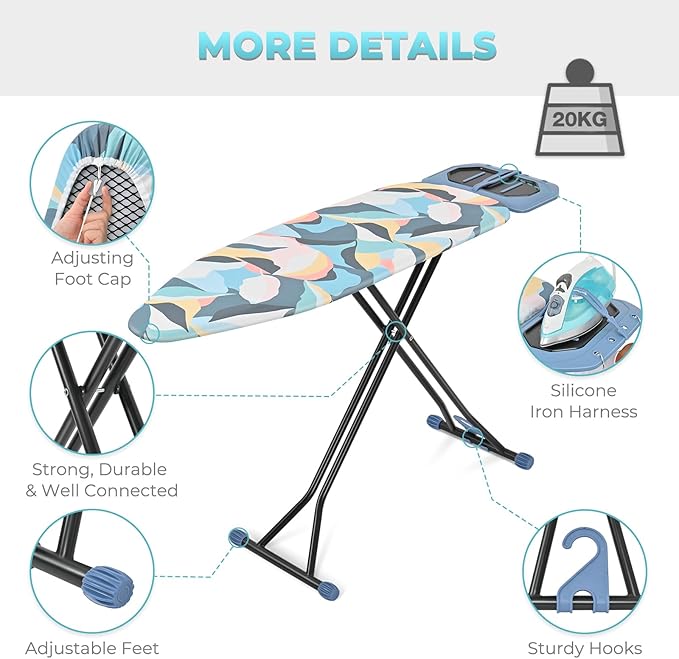 KINGBOARD Ironing Board, Metal Panel Foldable Iron Board with Rest, 7 Height Adjustable, Portable Ironing Board, Heavy Duty Folding Iron Stand with Hanger, 45 x 15, Deep Blue