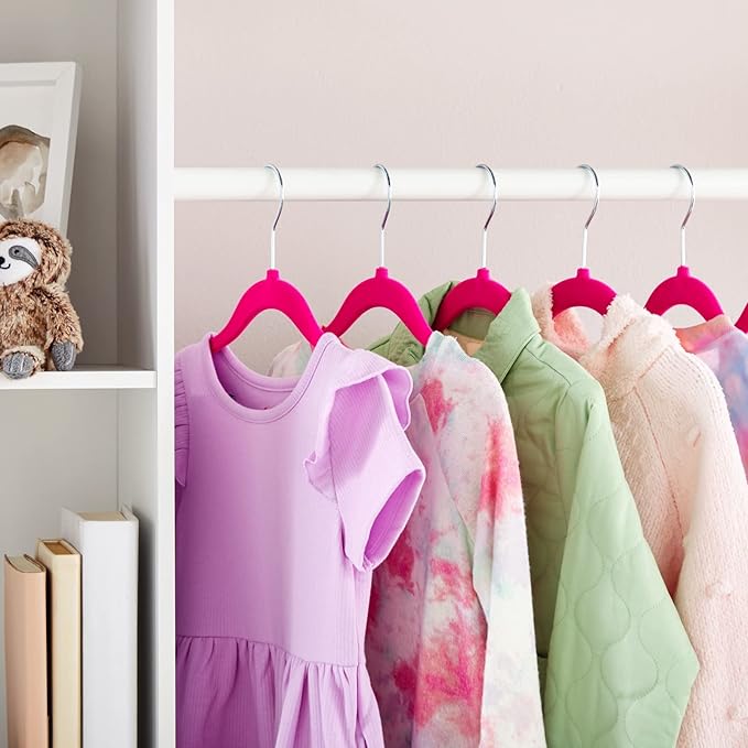 Juvale Kids Hangers with Clips - 12 in, Hot Pink, Velvet, 24 Pack - Nonslip & Space Saving Pink Hangers with Clips & 360° Swivel Hooks