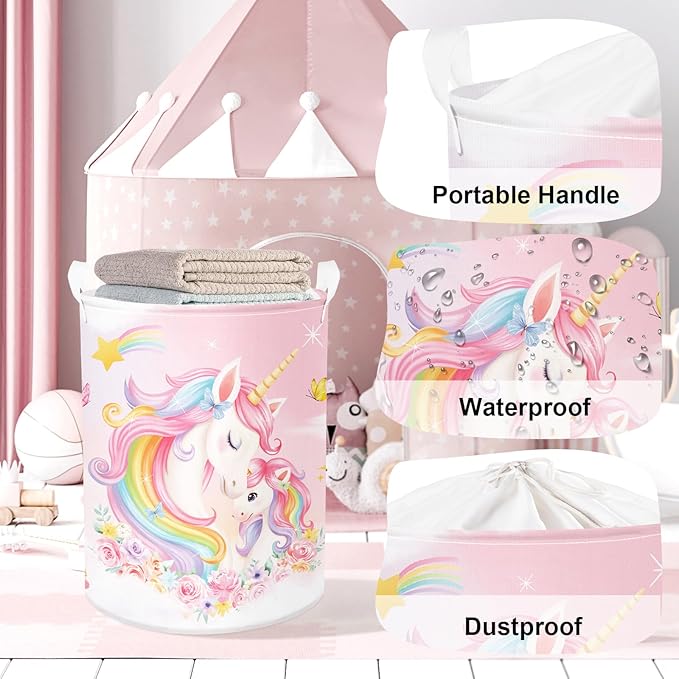 Unicorn Laundry Hamper Large Storage Basket Rainbow Clouds Collapsible Parents Organizer Kids Toy Clothes Bins for Bedroom, Bathroom, Flowers, 63L