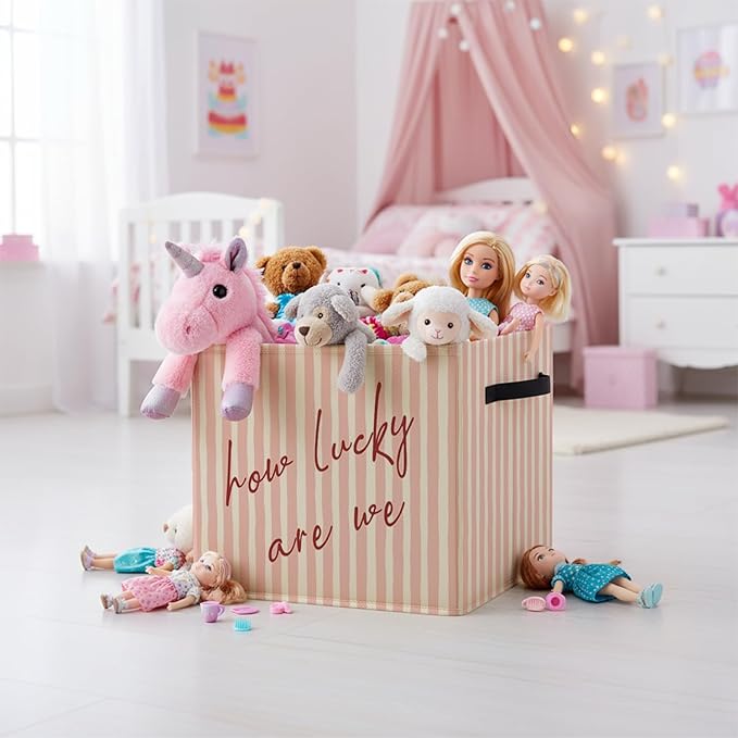 Pink Preppy Inspirational Storage Bin Box with Handles, How Lucky Are We Trendy Striped Foldable Baskets Organizer for Girls Bedroom Bathroom Clothes Toys Books, Toybox for Girls