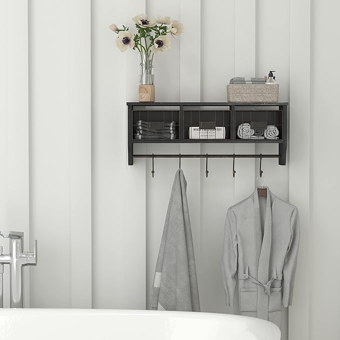 Flash Furniture Daly Wall Mounted Storage Rack - Blackwashed Solid Pine Wood - 24 Inch - Upper Shelf - 5 Hooks - Wire Baskets - For Entryway, Kitchen, Bathroom