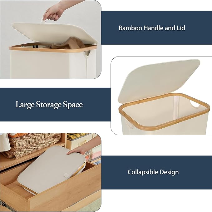 Fine Living 100L Large Laundry Hamper with Lid, Narrow Foldable Slim Laundry Basket with Bamboo Handles, Skinny Tall Dirty Clothes Hamper for Dorm, Bathroom & Bedroom, Ivory