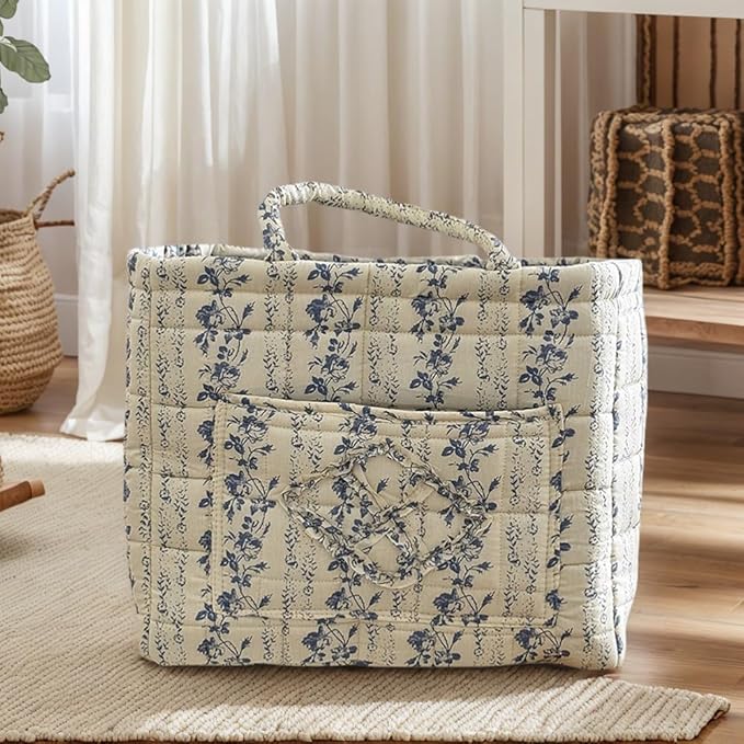 Floral Fabric Storage Basket Car Interior Storage Basket Underwear Sundries Laundry Baskets Supplies Home Organizer Bag (Vine Blue)