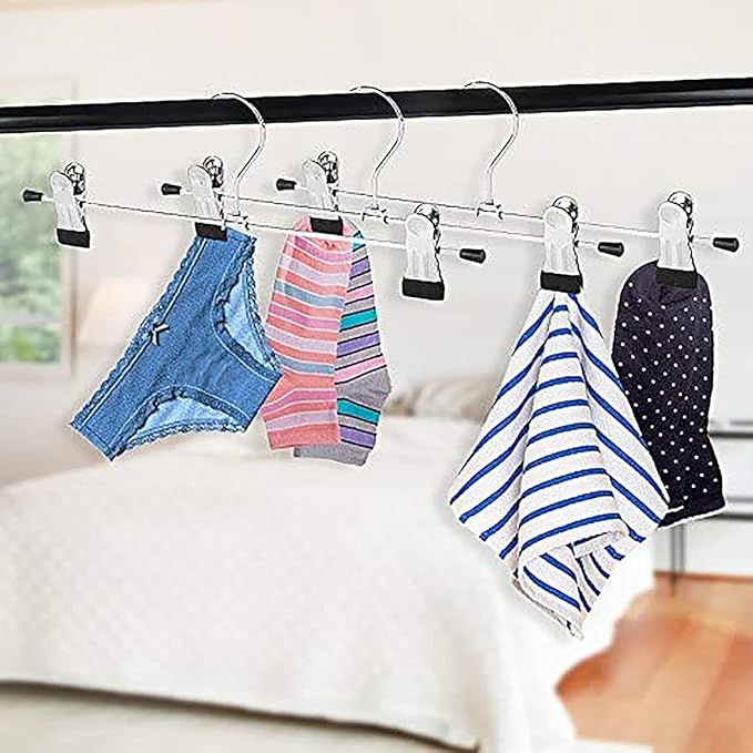 Metal Pants Shorts Hangers, Heavy Duty Kids Skirt Hangers with 2 Adjustable Non Slip Clips, Ultra Thin Space Saving 360 Degree Swivel Hook Stainless Steel Hanger 12 Pack