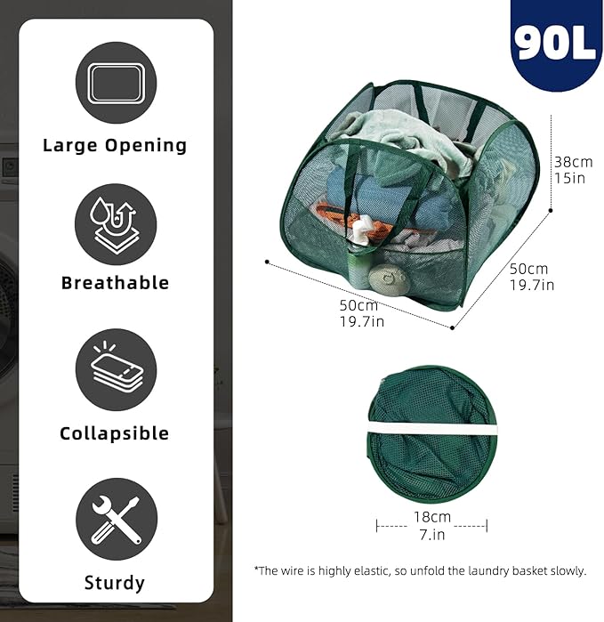 Collapsible Laundry Basket 90L, Foldable Mesh Pop-up Laundry Hamper with Handles, Dirty Clothes Hamper for Laundry with Side Storage Pocket (Green)