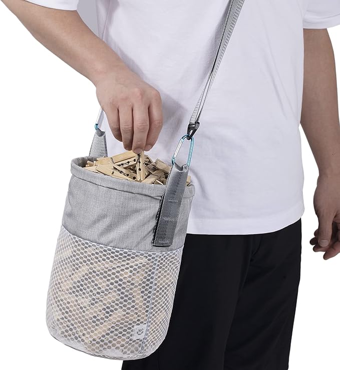 Clothespin Bag for Clothesline Outdoor, Clothes Pin Bag with Shoulder Straps, Drawstring Closure, Ventilated and Moisture Resistant, Large Capacity Laundry Clothespin Storage with Hook