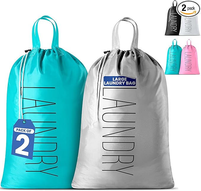 Extra Large Travel Laundry Bag - 2-Pack Fun Print Design Bags for Dirty Clothes - Durable Water-Resistant Fabric - Sturdy Drawstring Closure (Teal-Grey | Laundry)