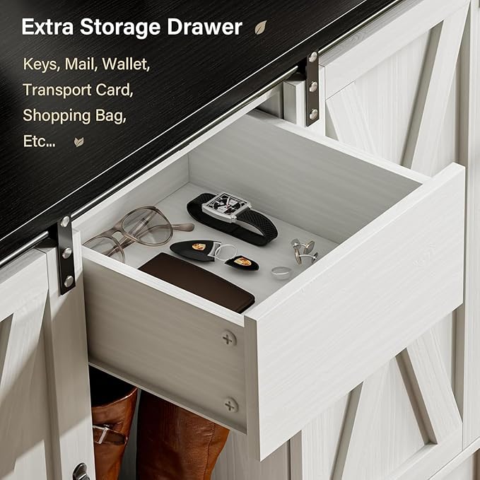 4ever2buy Farmhouse Hall Tree with Bench 5-in-1 Entryway Bench with Coat Rack with Sliding Barn Doors Entryway Coat Rack with Shoe Storage White