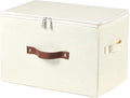 Storage Bins with Zipper Lid Cotton Linen Fabric Lidded Storage Baskets Boxes Foldable Washable Closet Shelf Clothes Organizer Container with PU Leather Handles (Beige, Large Size)