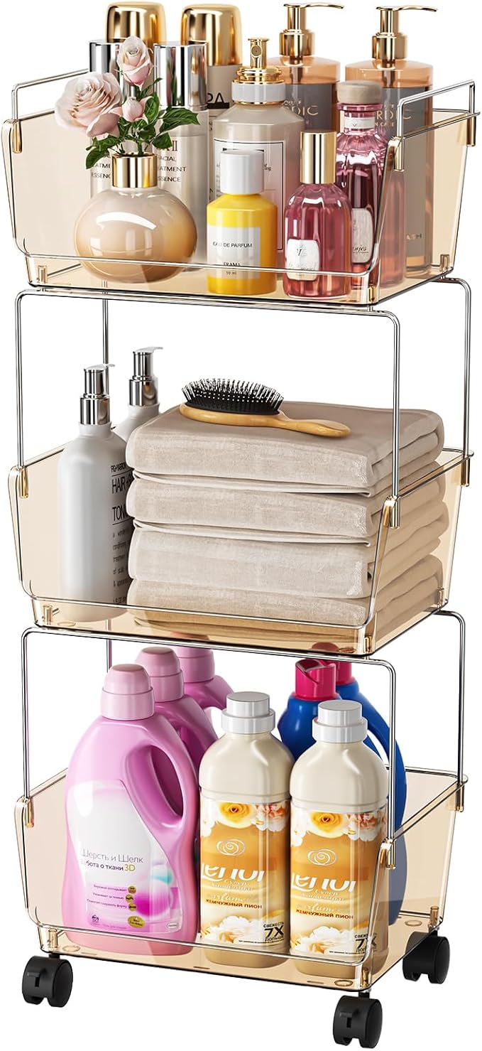 Delamu 3-Tier Metal Rolling Cart for Kitchen, Bathroom, Office, Plastic Utility Storage Carts with Wheels, Ideal for Small Spaces, Pantry, Classroom, Workshop Organization and Storage, Amber