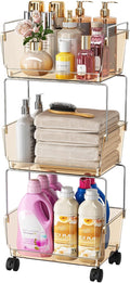 Delamu 3-Tier Metal Rolling Cart for Kitchen, Bathroom, Office, Plastic Utility Storage Carts with Wheels, Ideal for Small Spaces, Pantry, Classroom, Workshop Organization and Storage, Amber