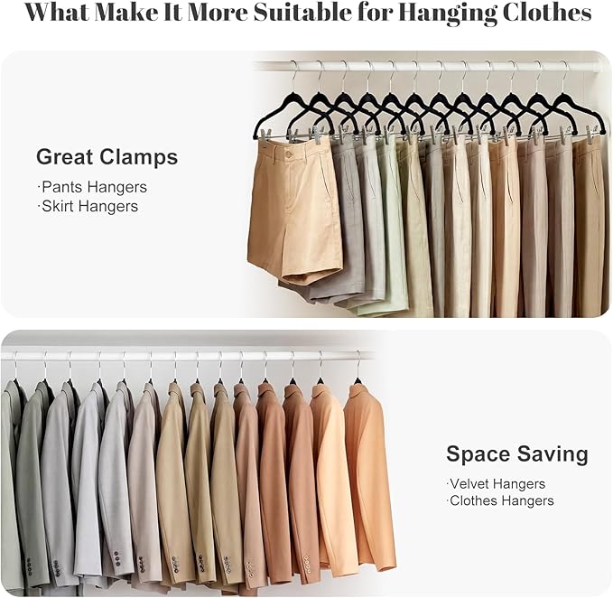HOUSE DAY Velvet Skirt Hangers 36 Pack, Black Velvet Pant Hangers with Adjustable Clips, Space Saving Slim Shorts Hanger, Heavy Duty Non Slip Clip Hanger for Pants, Skirts, Shorts