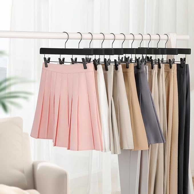TOPIA HANGER Wooden Pants Hangers 20 Pack, Black Skirt Hanger with Clips and Rotatable Hook, Durable Rubber Wood Hangers for Skirts, Pants, Jeans, Shorts - CTS05B