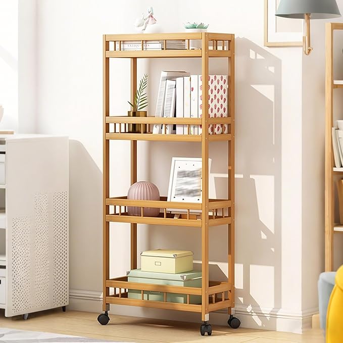 3/4Tier Slim Storage Rolling Cart with Wheel,Wood Storage Trolley Cart,Kitchen Rolling Utility Bamboo Kitchen Slide Out Organizer Rack,Mobile Shelving for Kitchen Bathroom gap(4Tier 40cmwide)