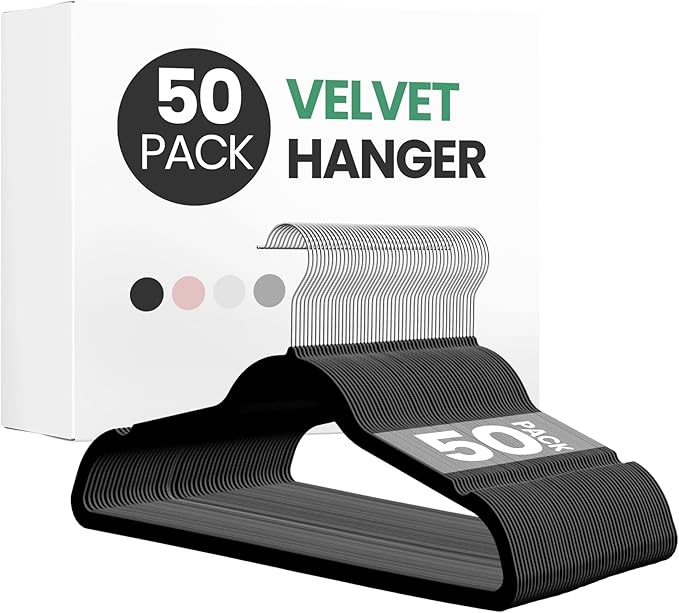 InfiniPower 50 Pack Velvet Hangers, Heavy Duty Clothes Hangers for Coat, Pants & Dress, Non-Slip Hanger Set with Shoulder Notches, 360° Swivel Hook, Space Saving Felt Hangers, Black