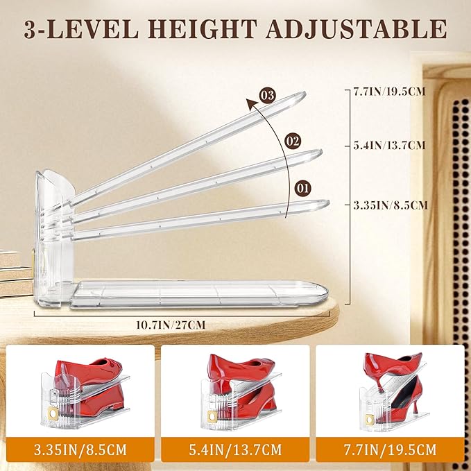 Shoe Slots Organizer for Closet, 10 Pack Shoe Stacker Organizer, Shoe Storage Space Savers 50%, 3 Levels Adjustable Shoe Racks for Closet Organization