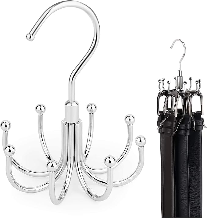 ZEDODIER Belt Organizer for Closet, Heavy-Duty Rotating Belt Hanger Rack Holds up to 24 Belts, Hanging Space Saving Metal Belt Holder for Closet Storage, Silver