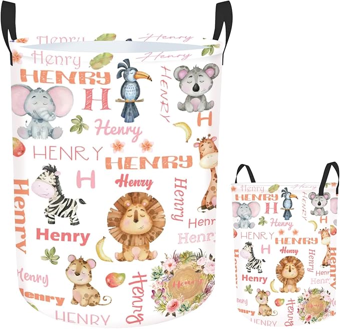 Custom Name Animals Laundry Baskets for Baby Boys Girls, Personalized Toddlers Storage Organizer for Kids Adults, Customize Hampers for Laundry Room Nursery Bathroom Bedroom Utility Room