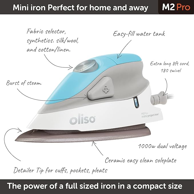 oliso M2Pro Mini Steam Iron with Solemate® – 1000 Watt Dual Voltage Travel Iron for Sewing, Quilting, and Crafting – Ceramic Soleplate, Precision Tip – Turquoise