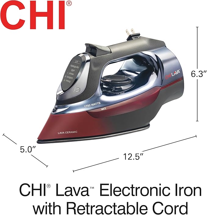 CHI Steam Iron for Clothes with 8' Retractable Cord, 1700 Watts, 3-Way Auto Shutoff, 400+ Holes, Professional Grade, Temperature Control Dial, Lava Infused Ceramic Soleplate, Black and Red (13113)