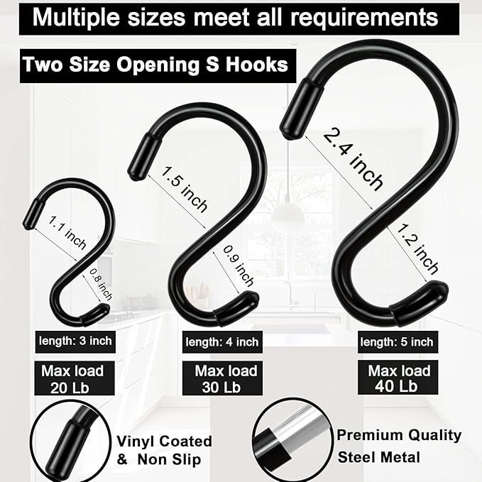 Dreecy 4 Inch Heavy Duty S Hooks for Hanging, 10 Pack S Hooks for Closet, Metal Black Vinyl Coated S Hook for Hanging Plants Jeans Clothes Purse Jewelry Pot Pans Cups,Non Slip Closet S Hook