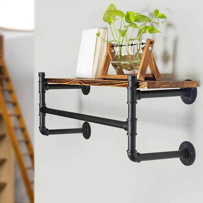 WEBI Wall Mounted Clothes Rack with Shelf,32" Industrial Pipe Clothing Rack with Shelves,Heavy Duty Iron Garment Rack Bar,Retail Display Clothes Rod for Clothes,Laundry Room,Black