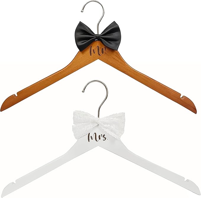 Mr. and Mrs. Wooden Bride Hanger, Wedding Dress Hangers for Bride with White Bow - Groom's Hanger with Black Bow Tie - Set of 2 (White + Vintage)